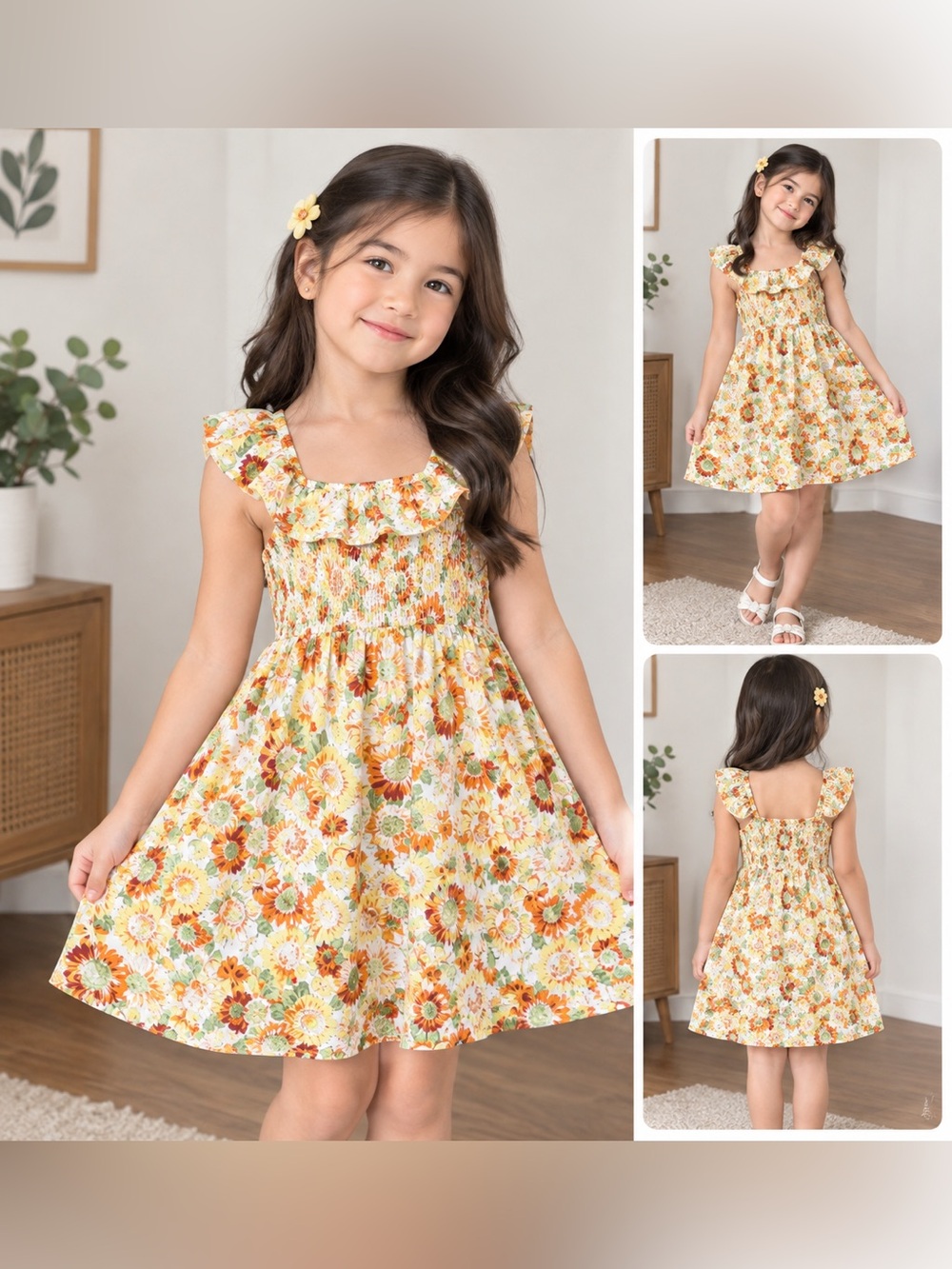SHEIN Orange, Yellow and Green Floral Ruffle Sundress